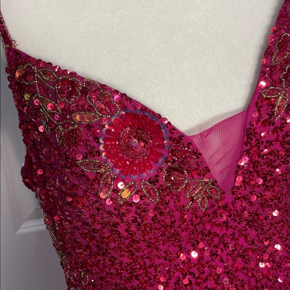Rachel Allen Mini Sequins Dress Size 14 Magenta Sleeveless Formal Bridal Beaded - Picture 11 of 15
